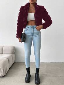 EURMUSE Women's Plush Front-open Jacket - Burgundy - View 5