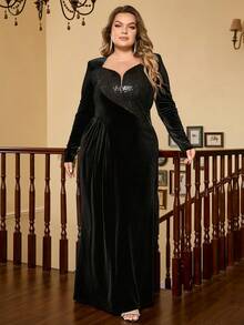 Plus Sweetheart Neck Sequin Insert Velvet Formal Dress - Black - View 7