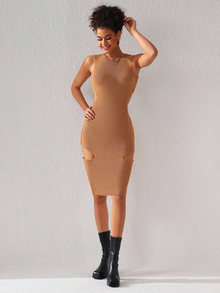 Queen Is The Title Designer Solid Cut-Out Ribbed Knit Elegant Sweater Dress, For Holiday, Party, Birthday Outfits, Festival, Wedding, Prom Dress - Camel - View 1
