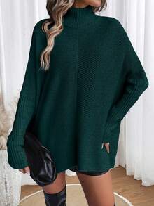 女款純色高領蝙蝠袖毛衣 - 墨綠色 - 查看 3