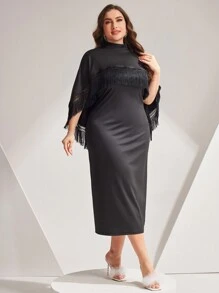 Modelyn Plus Size Solid Color Slim Fit Tank Dress And Tassel Decorated Cape Top 2pcs/Set - Black - View 4