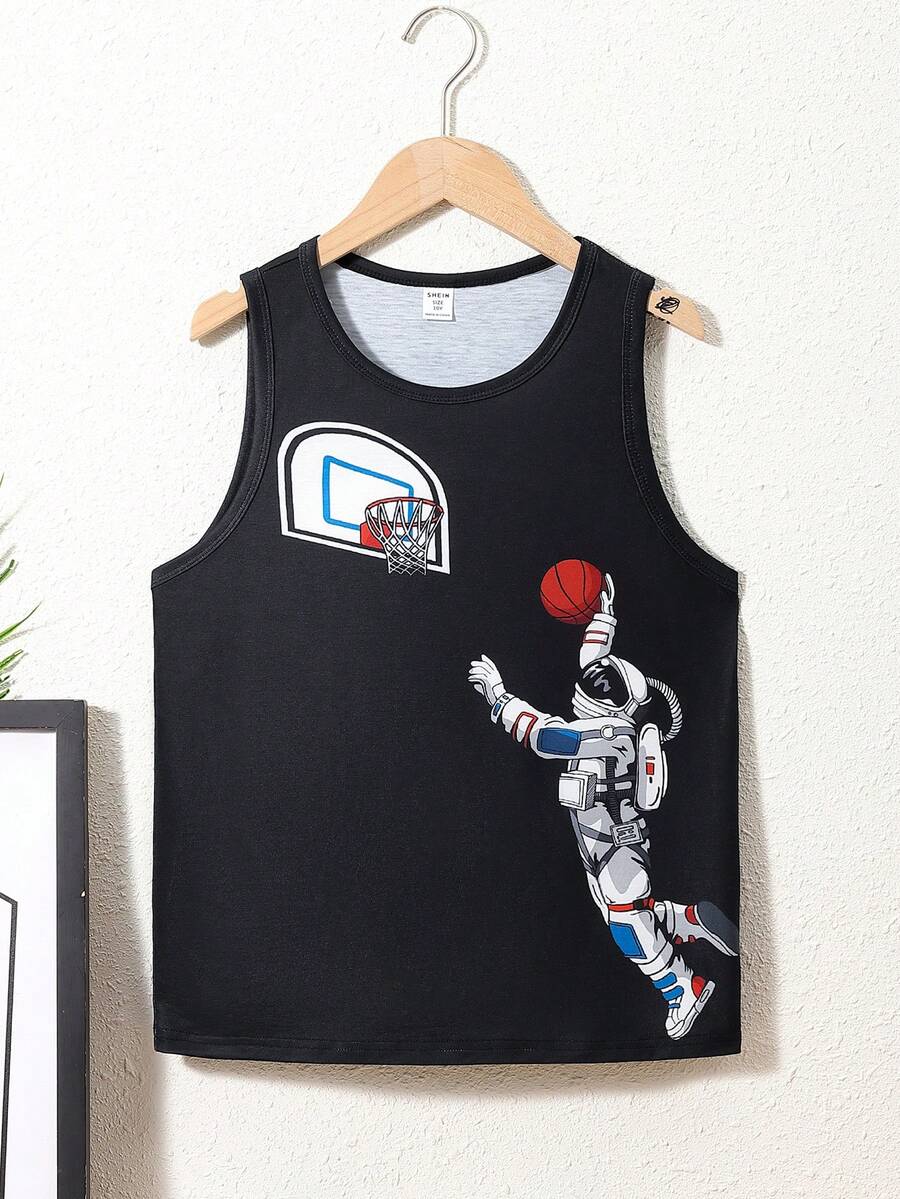 SHEIN 運動用Tween男童寬鬆版太空人印花圓領背心 - 黑色 - 查看 1