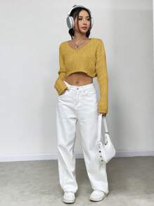 Lunelith SHEIN Lunessa Solid Color Drop-Shoulder Cropped Sweater Knit Pullover Fall Winter Outfit