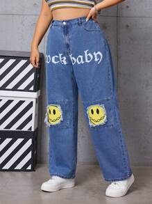 SHEIN EZwear 字母和臉部印花加磨損邊的大碼牛仔褲 - 中等水洗藍 - 查看 6