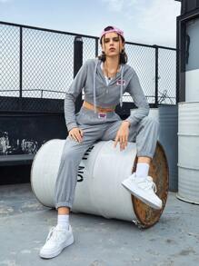 SHEIN Sports Women's Spring & Summer Hooded Drawstring Crop Top Hoodie And Sweatpants Sportswear Set Grey Teen Girls Setsretro Outfit For Women