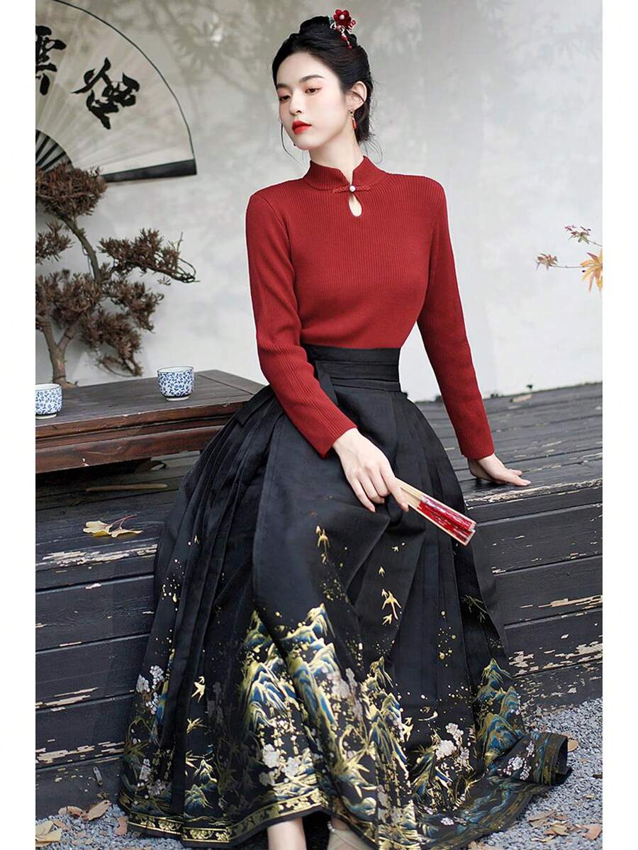 Slim Fit Long Sleeve Sweater Top, Suitable As Base Layer For Hanfu Chinese Traditional Wear, Fall/Winter - Red - View 1