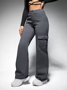 SHEIN ICON Women's Loose Fit Denim Jeans With Flap Side Pockets - Dark Grey - View 5