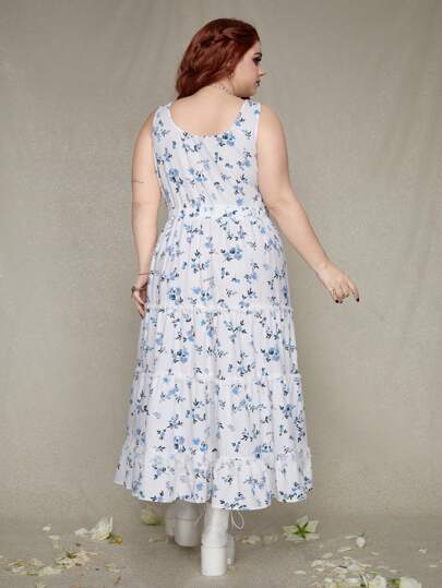 Plus Size Sleeveless Floral Dress With Lace Detail And Tie Front