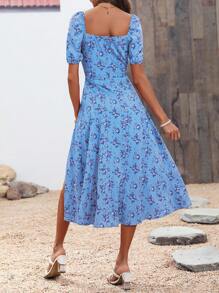 Breezaya 女士印花全長高中分裂裝奶奶裙 - 藍色 - 查看 2