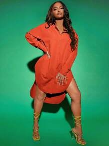 SHEIN SXY Của phụ nữ Hem cao-thấp Váy sơ mi - trái cam - Xem 1