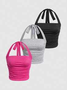 SHEIN EZwear 女款純色無袖褶皺掛脖上衣 - 彩色 - 查看 1