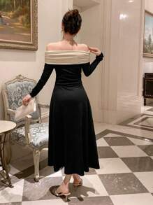DAZY 女士撞色褶裥露肩连衣裙，生日、新年、舞会礼服，秋季长袖连衣裙，优雅女士连衣裙，嘉年华礼服 - 黑色 - 查看 2