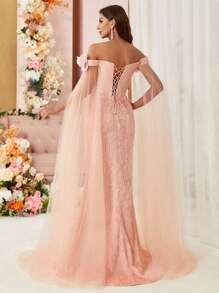 SHEIN Belle Manches Épaules Dénudées, Croix Sur La Poitrine, Sangle Arrière, Embellissement Floral 3d, Tissu Tulle Orné De Satin, Ourlet Fendu, Petit Train, Robe De Soirée - Vieux Rose - Voir 4