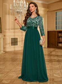 UNITHORSE Đầm dự tiệc bằng vải chiffon chắp vá sequin dành cho nữ - Màu xanh lá cây đậm - Xem 4