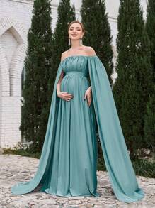 Faeriesty Dressalisa Maternity Ruffled Off Shoulder Long Evening Gown - Teal Blue - View 1