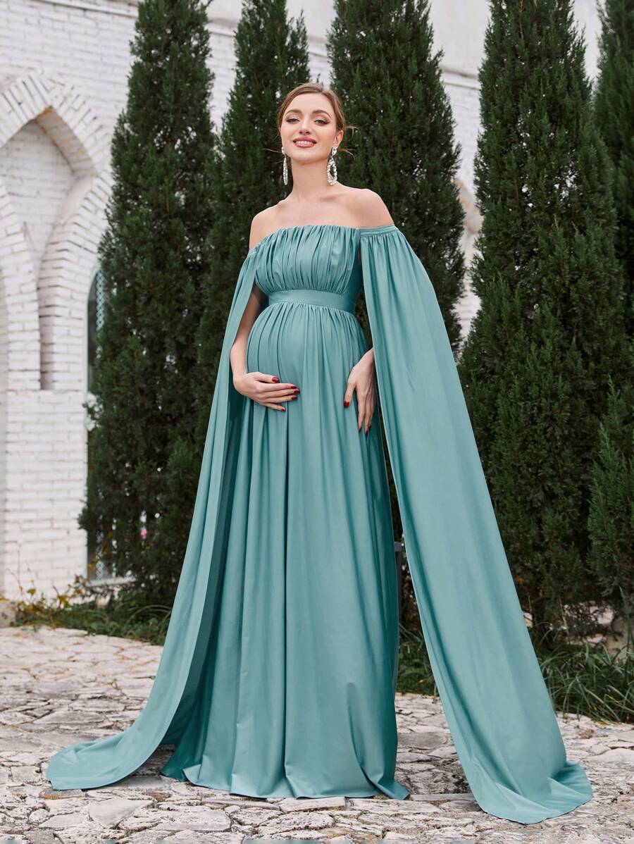 Faeriesty Dressalisa Maternity Ruffled Off Shoulder Long Evening Gown - Teal Blue - View 1