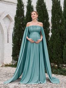 Faeriesty Dressalisa Maternity Ruffled Off Shoulder Long Evening Gown - Teal Blue - View 3