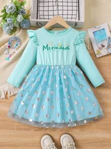 SHEIN 年轻女孩字母印花网眼拼接短袖连衣裙 - 淺藍色 - 查看 1