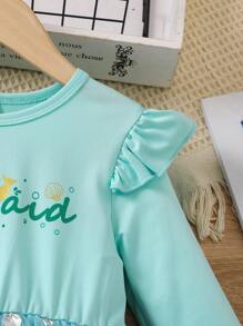 SHEIN 年轻女孩字母印花网眼拼接短袖连衣裙 - 淺藍色 - 查看 4