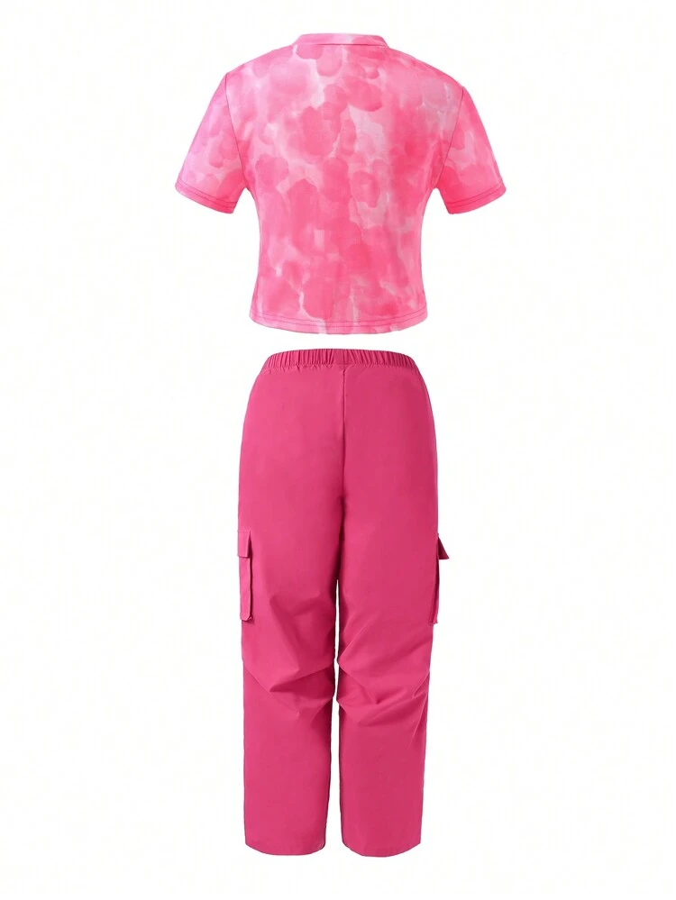 2pcs Teen Girls' Heart Print Short Sleeve T-Shirt And Utility Cargo Pants