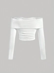 SHEIN MOD Women's Solid Color Off Shoulder Twist Fold T-Shirt - White - View 2