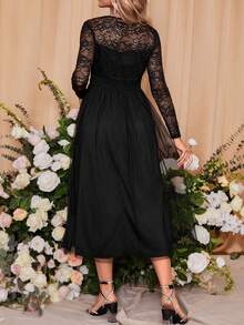 SHEIN 孕婦蕾絲拼接長袖裙 - 黑色 - 查看 2