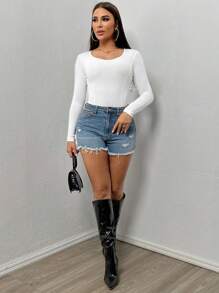 SHEIN SXY 女款純色羅紋紋理長袖連身衣 - 白色 - 查看 3