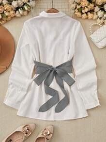 Franclia 女式拼色领带二合一衬衫、长袖上衣 - 淺灰色 - 查看 2