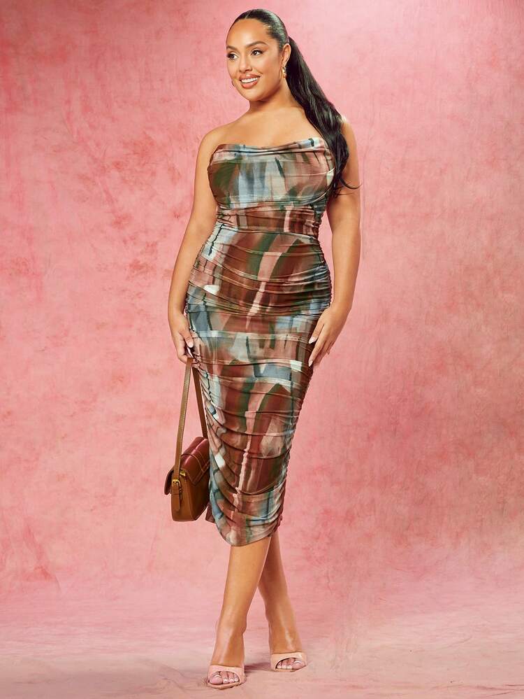 Women'S Plus Size Bandeau Gathered Tie-Dye Dress