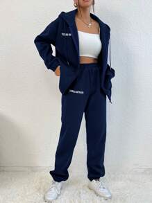 SHEIN Unity Women's Letter Print Hooded Zipper Sweatshirt And Pants Two Piece Set - Navy Blue - View 1