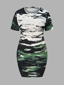 大尺碼紮染短袖連身裙 - 彩色 - 查看 1