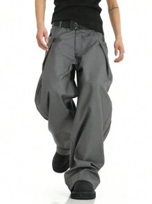 Manfinity EMRG Men's Solid Color Pleated Fold-Over Loose Wide Leg Pants Baggy Pants - Dark Grey - View 1