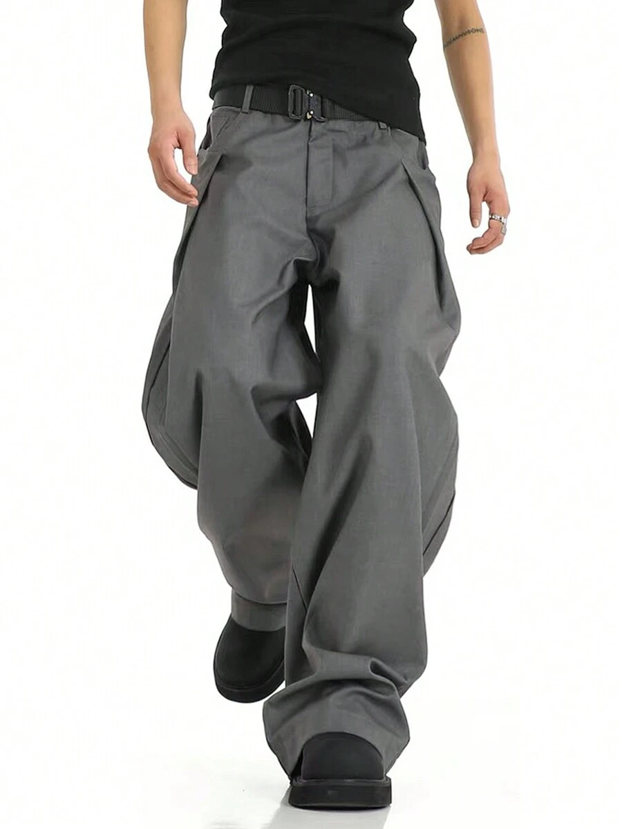 Manfinity EMRG Men's Solid Color Pleated Fold-Over Loose Wide Leg Pants Baggy Pants - Dark Grey - View 1