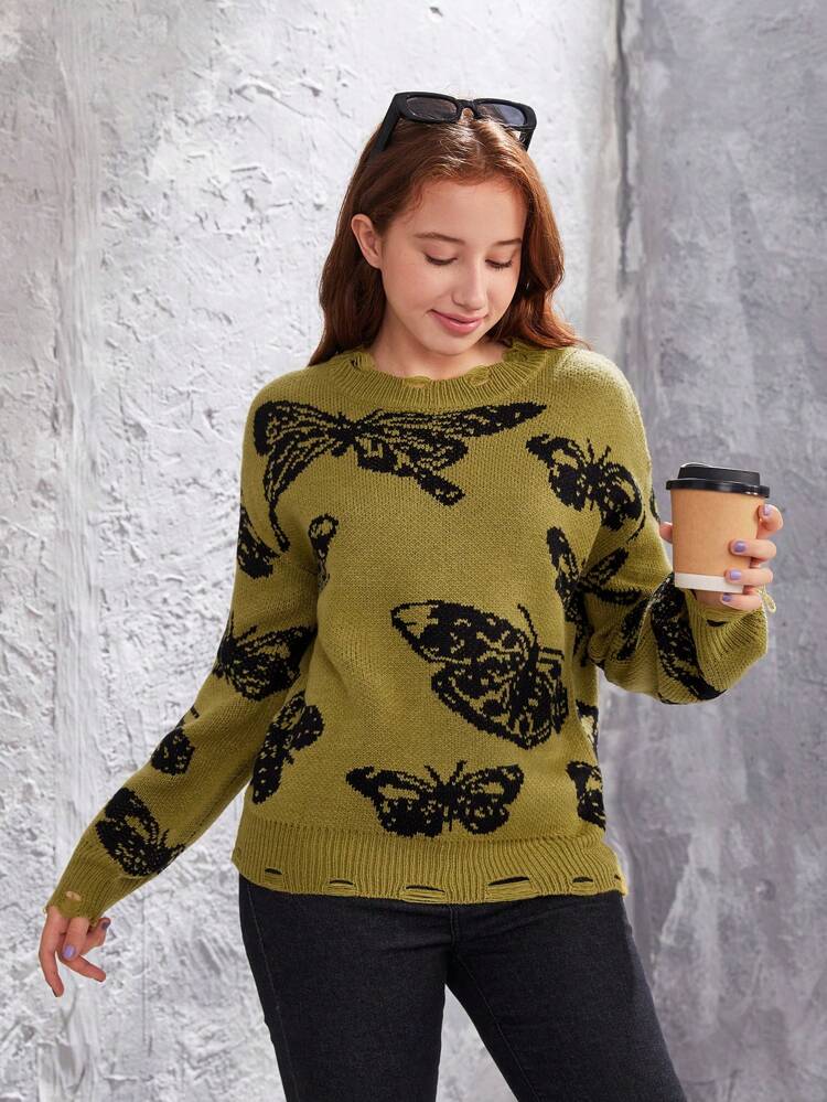 Teen Girl Butterfly Pattern Distressed Sweater