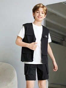 3 件/套 男生寬鬆休閒梭織實用背心、t 恤和短褲套裝 - 黑色 - 查看 2