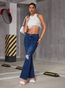 SHEIN Privé Women'S Flared Jeans With Distressed Details - Blue - View 6
