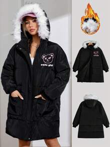 SHEIN EZwear Cartoon Pattern Hooded Padded Coat - Black - View 1