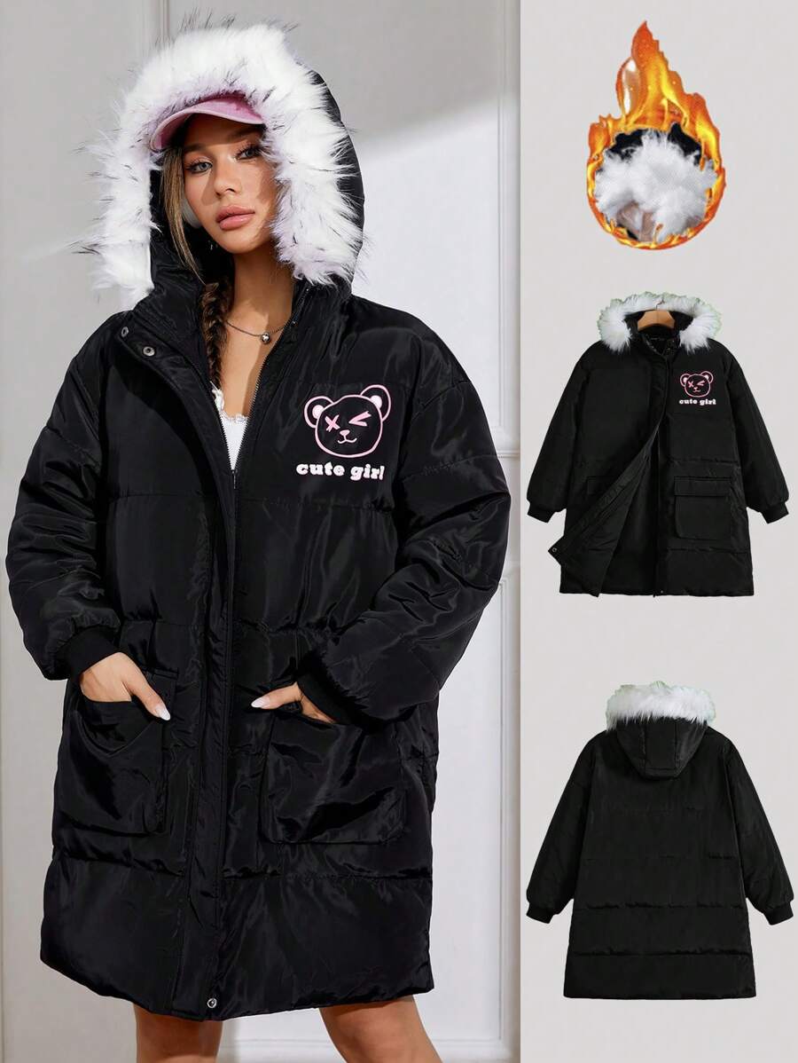 SHEIN EZwear Cartoon Pattern Hooded Padded Coat - Black - View 1