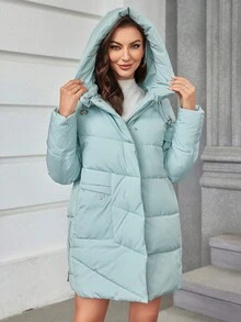 女士休闲纯色抽绳连帽棉服外套，冬季外套 - 薄荷綠 - 查看 6