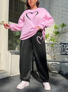 SHEIN EZwear 女款大尺碼心形印花運動衣搭配運動衫及運動褲 - 彩色 - 查看 7