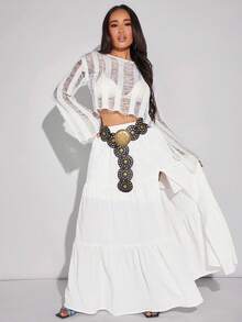 SHEIN SXY 女士落肩做旧短款毛衣，无需内衣，适合生日、情人节、单身派对、乡村音乐会等场合，春季穿着。 - 米色 - 查看 4