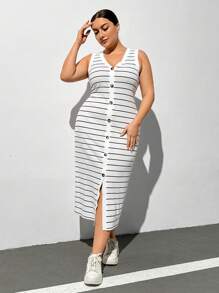 SHEIN Essnce Vestido de verano con botones delanteros y rayas en tallas grandes - Blanco y Negro - Ver 6
