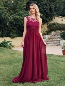 無袖腰部修身連身裙 - 酒紅色 - 查看 5