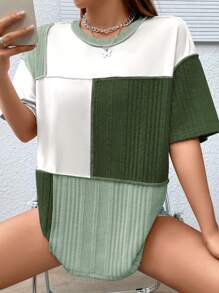 SHEIN Unity Colourblock Drop Shoulder Tee - Dark Green - View 4