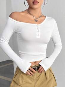 SHEIN Unity White Asymmetrical Collar Long Sleeve T-Shirt - White - View 5