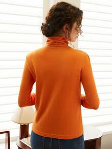 Knit Mix Áo len cổ cao tay dài màu trơn thanh lịch dành cho nữ, thích hợp cho mùa thu/đông, kiểu dáng ôm sát, lý tưởng cho ngày Valentine, phong cách cổ điển sang trọng tinh tế, đa năng, thời trang thu đông cho mùa tựu trường, áo len Giáng sinh mùa thu, món đồ thiết yếu cho năm mới. - trái cam - Xem 2