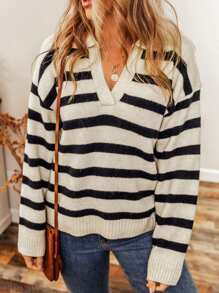 條紋拼色v領休閒毛衣 - 卡其色 - 查看 1