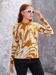 Teen Girl Allover Print Zip Up Cardigan - Camel - View 3