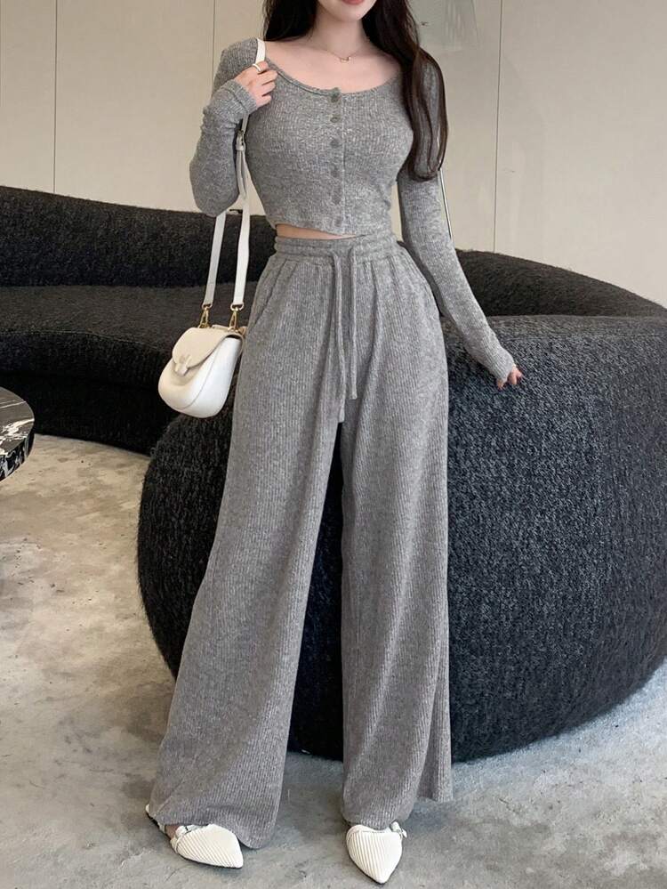 Women's Single-Breasted Long Sleeve Top And Drawstring Waist Pants Set,Women Two Pieces Sets Lounge Sets For Women