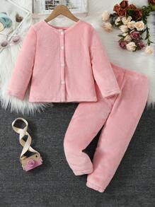 Toddler Girls' Button Up Long Sleeve And Long Pants Flannel Pajamas Set - Baby Pink - View 1